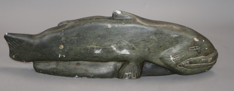 An Inuit soapstone fish carving, length 37cm